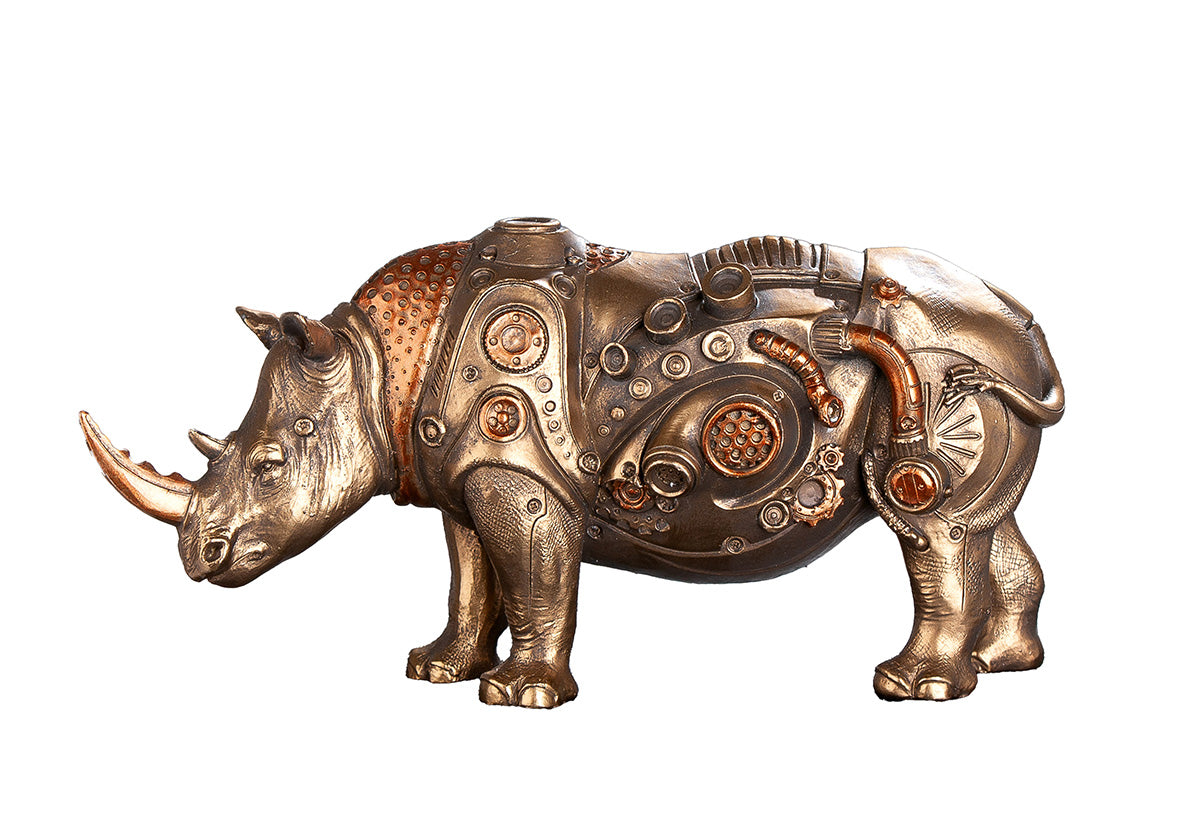 Detailed image of a Gilde Steampunk Rhinoceros figure made from resin with bronze finish, showcasing intricate steampunk design details.