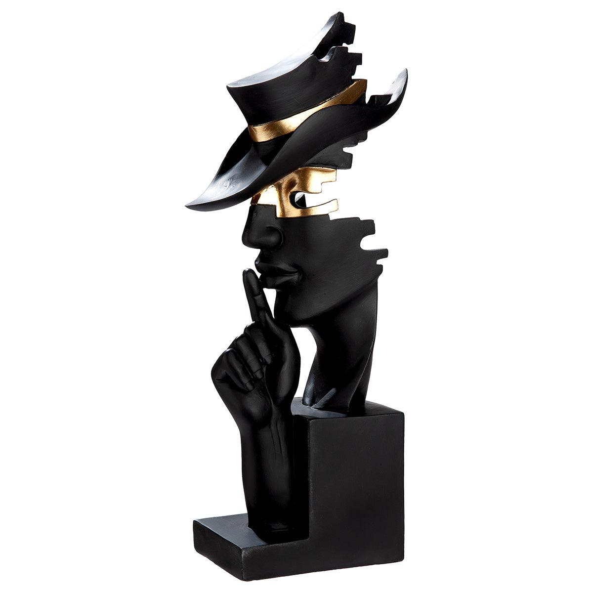 Black resin sculpture of a hand and head by Gilde, with a mysterious and artistic design.