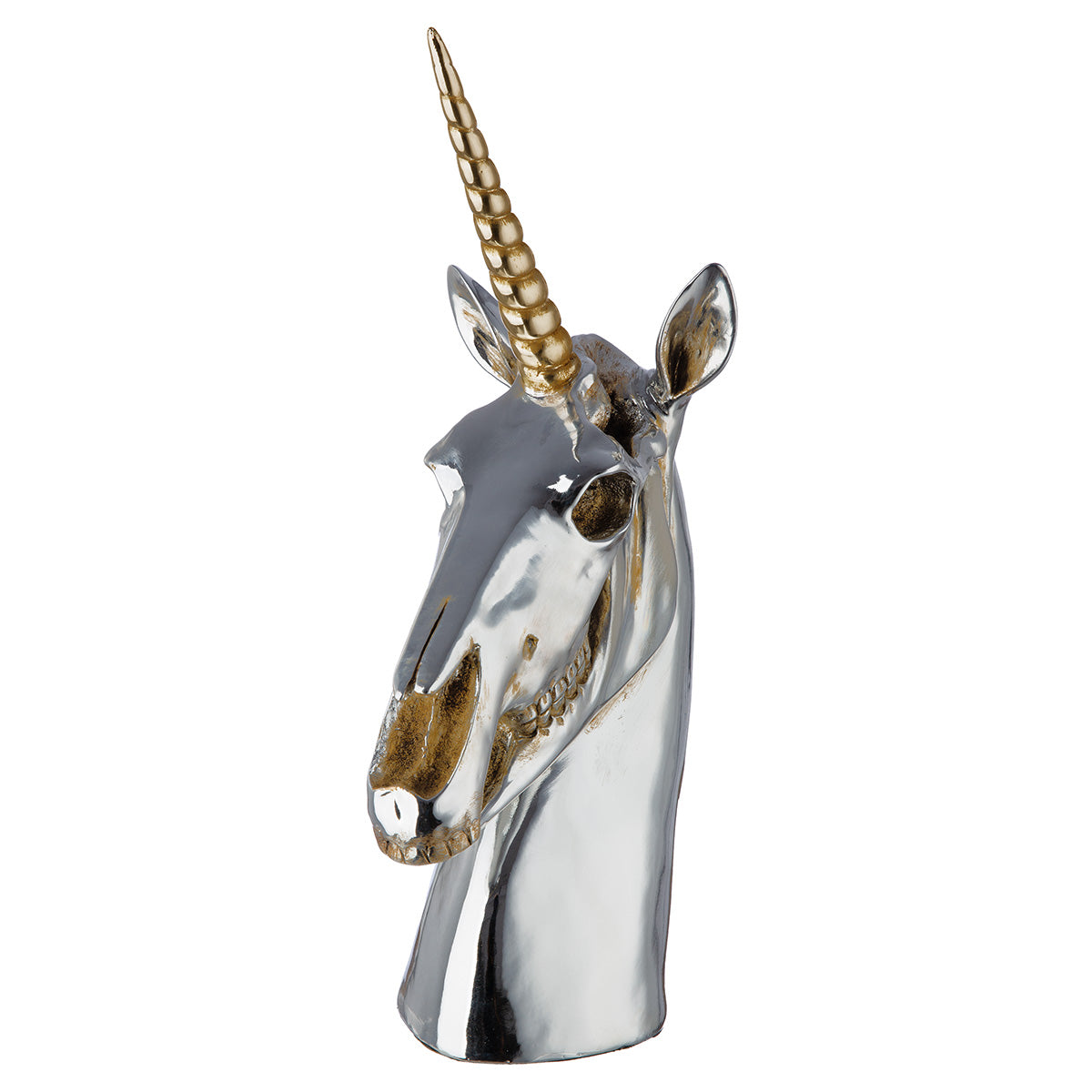 Silver resin unicorn sculpture by Gilde, featuring detailed design and a polished finish, perfect for decorative display.