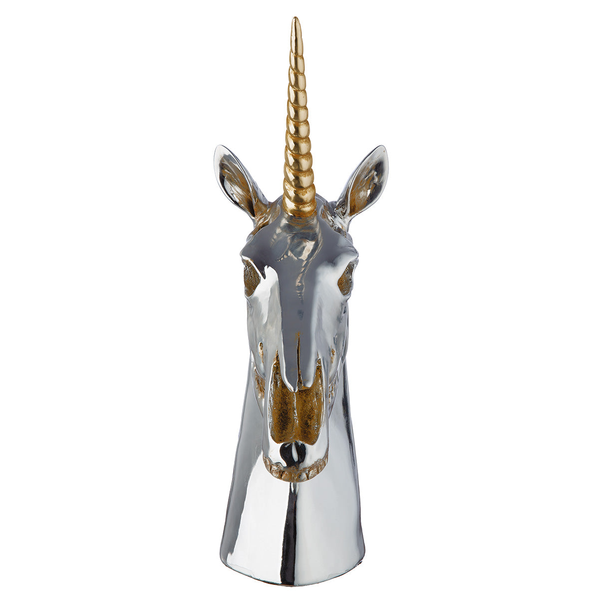 Silver Gilde Unicorn Sculpture made of Aurex resin, showcasing intricate details and a graceful unicorn figure.