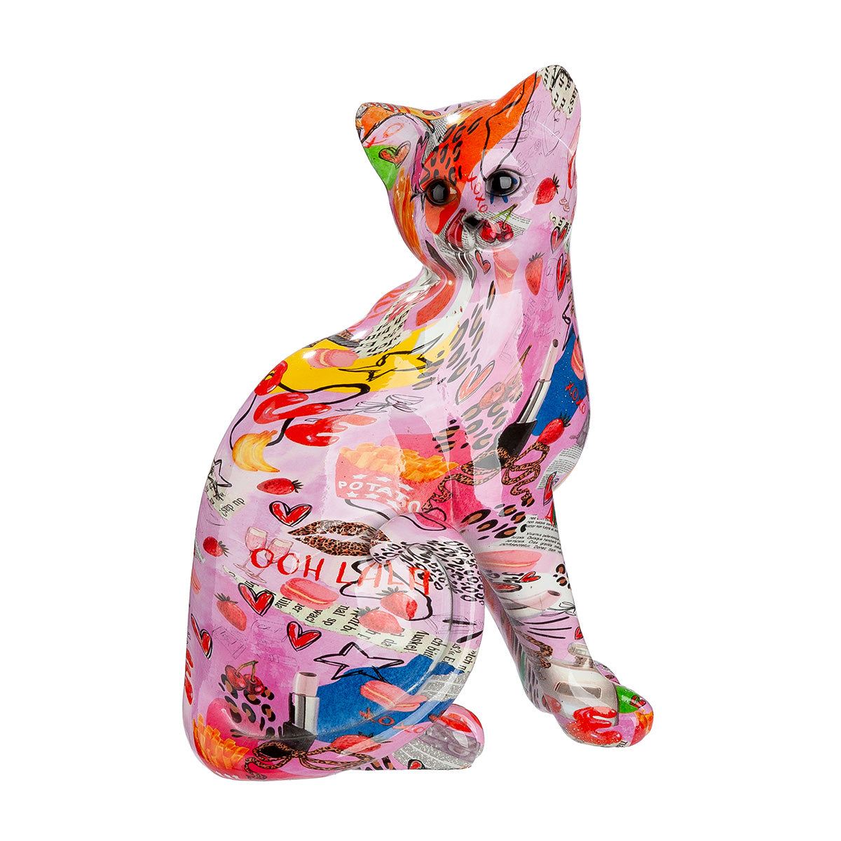 Gilde Figure Cat Ooh Lala resin sculpture featuring a stylish cat with vibrant colors and detailed design.