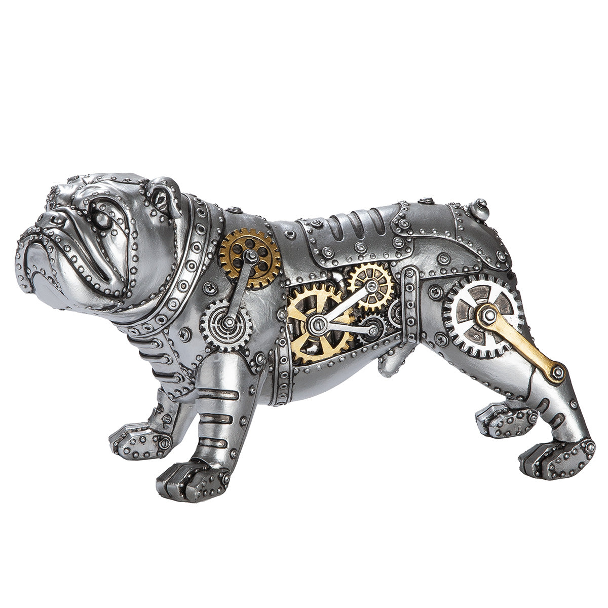 Steampunk Bulldog figure by Gilde made of resin featuring gear wheel details, displayed on a plain background.