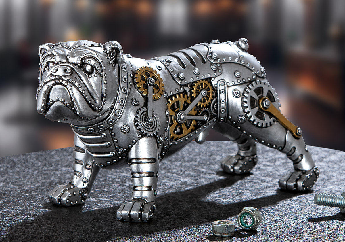 Gilde Bulldog Steampunk figure with resin body and gear wheel details, showcasing intricate craftsmanship and vintage industrial design.