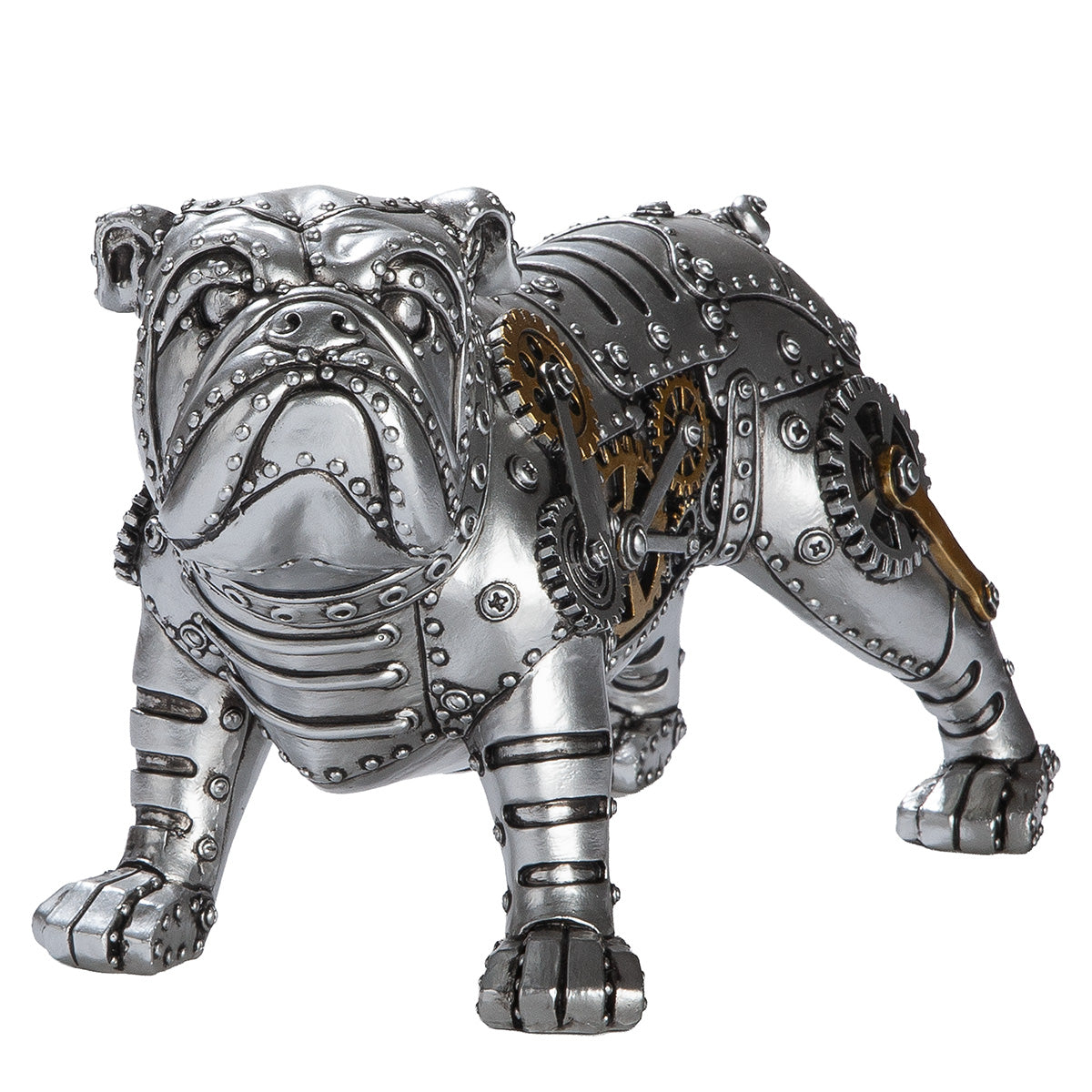 Gilde Steampunk Bulldog figure with gear wheel details, crafted from resin, featuring mechanical and vintage design elements.