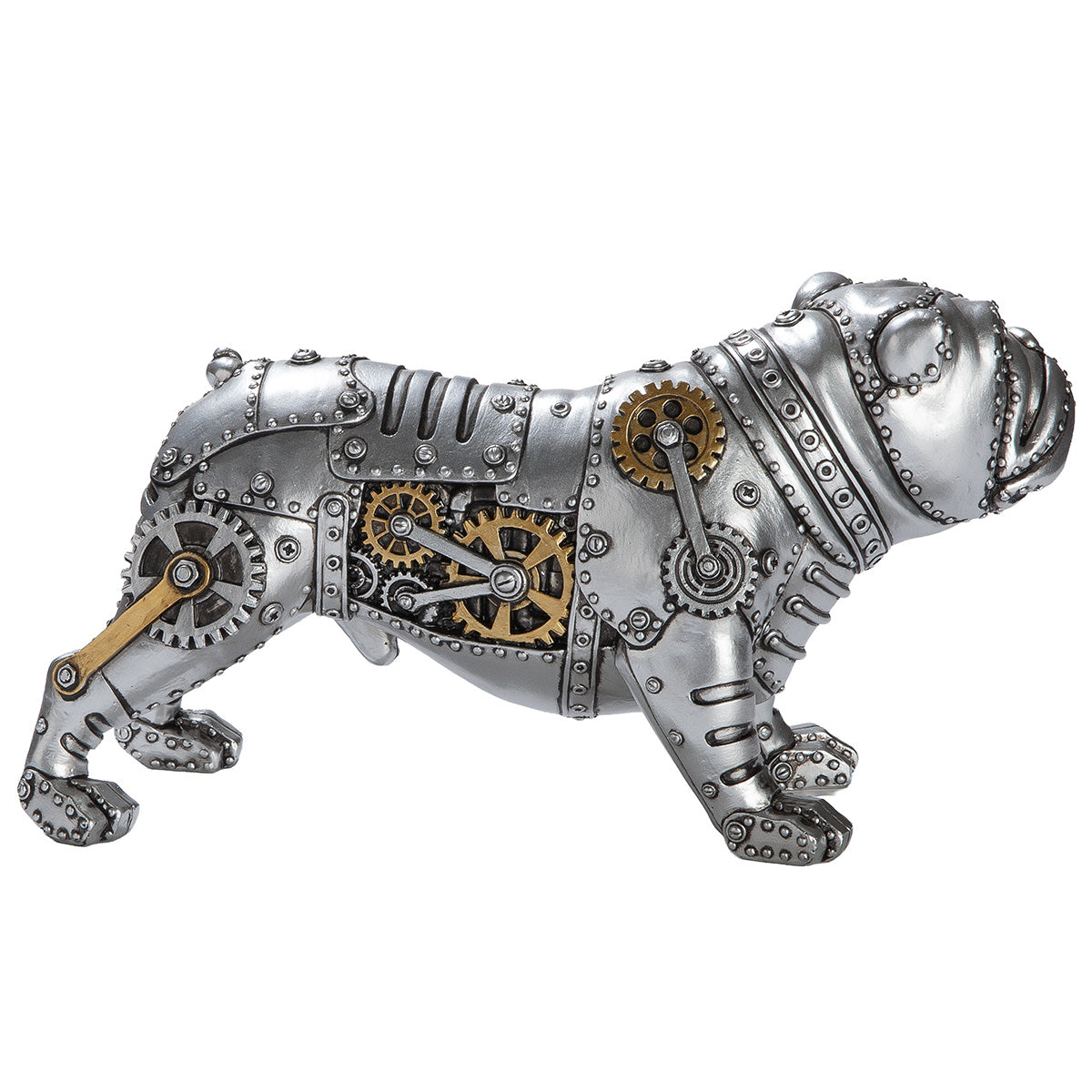 Gilde Steampunk Bulldog figure made of resin with gear wheel design, detailed steampunk-inspired sculpture.