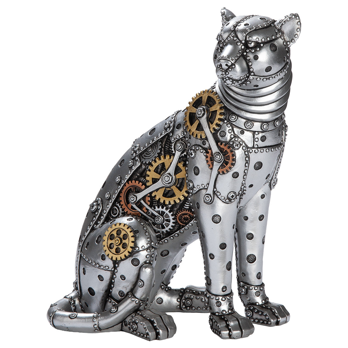 Gilde Steampunk Leopard figure made of resin featuring intricate gear wheel design and detailed craftsmanship.
