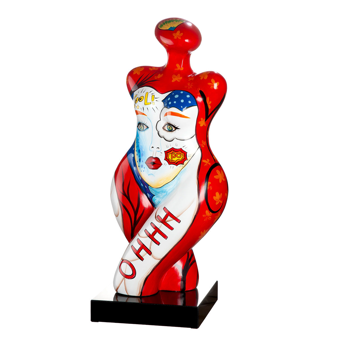 Red Gilde Femme woman figure sculpture made of synthetic resin, showcasing detailed craftsmanship and modern design.