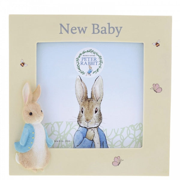 Beatrix Potter Peter Rabbit baby picture frame with adorable illustration, perfect for new baby nursery decor.