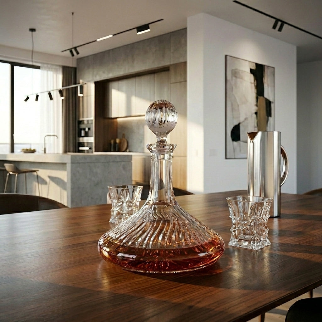 Bohemia Crystal Sway Captain decanter made of lead crystal with elegant design and a stopper for serving spirits or wine.