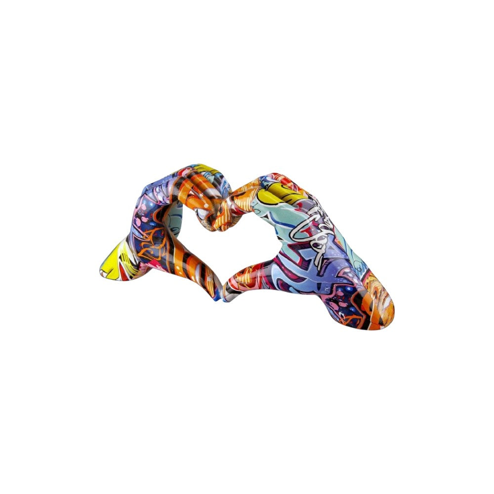 Multicolored Gilde Heart Hand Motif graffiti art on paper, showcasing vibrant, artistic hand-drawn design with heart and hand symbols.