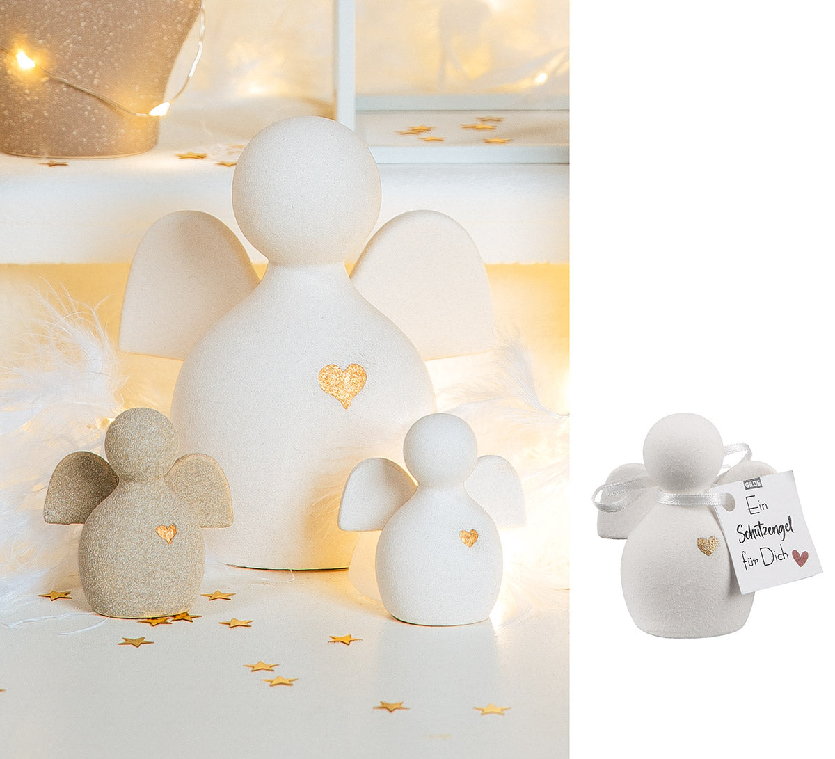 Small white Gilde angel figure holding a heart, decorative figurine with intricate details and a serene appearance.