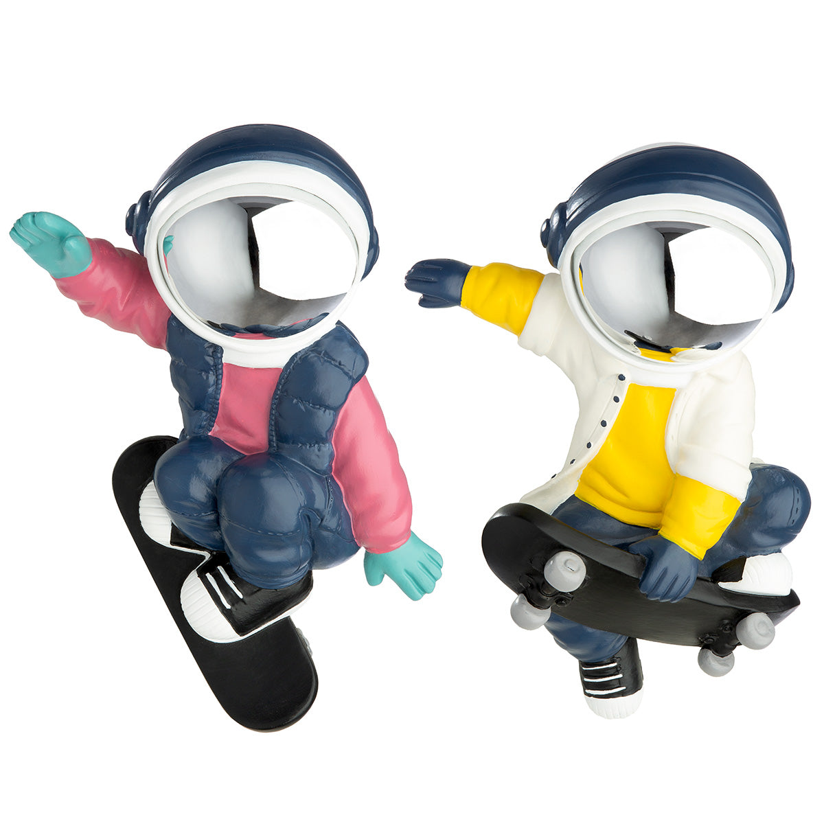 Pink and blue resin Gilde Wall Object Astronaut Buzz figurine on display, featuring detailed space-themed design.
