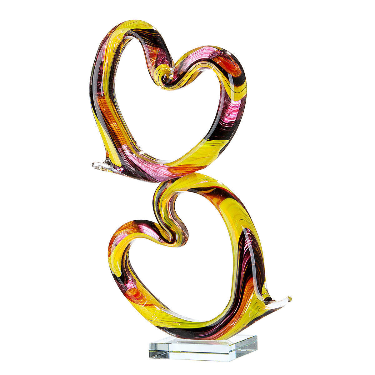Gilde Glassart Heart Corazon sculpture featuring a clear glass heart with intricate details, displayed on a stand.