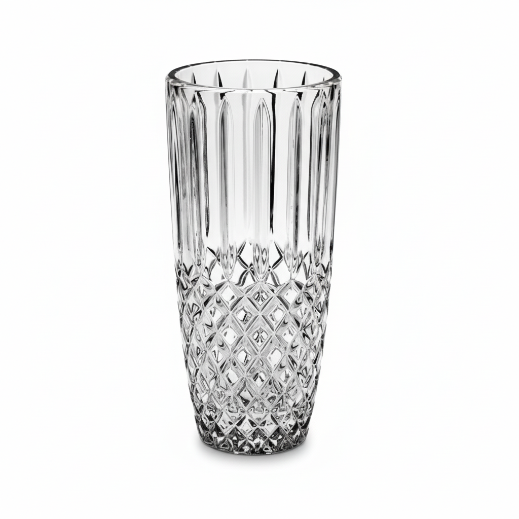 Bohemia Crystal Diamond Vase, 27cm tall, clear cut glass with intricate diamond pattern, elegant decorative flower vase