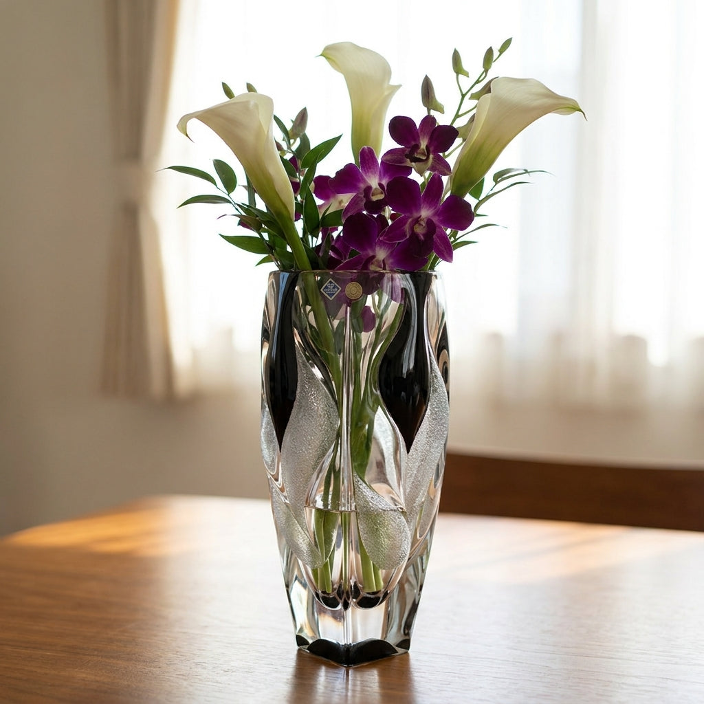 Bohemia Crystal Bamboo Type 2 Black Matte Ice 30cm vase with sleek black matte finish and elegant bamboo-inspired design