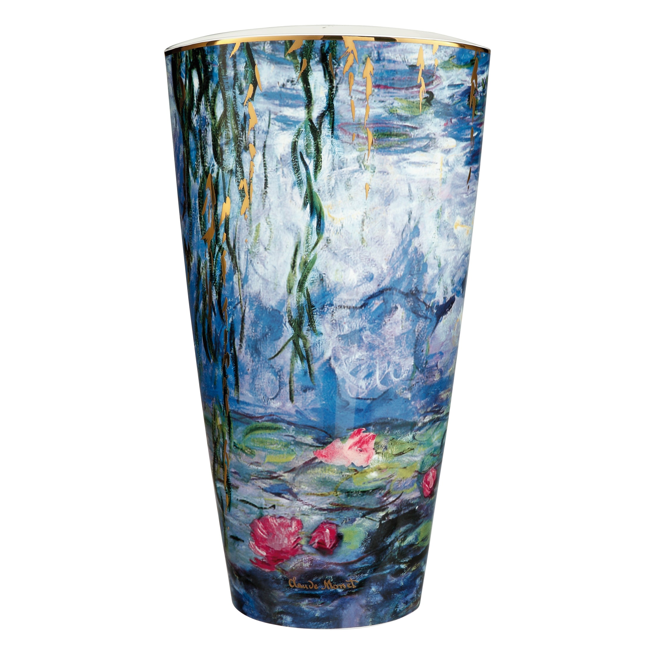 Goebel Water Lilies vase featuring Claude Monet's watercolor design, 50cm tall with a willow motif and floral artwork.