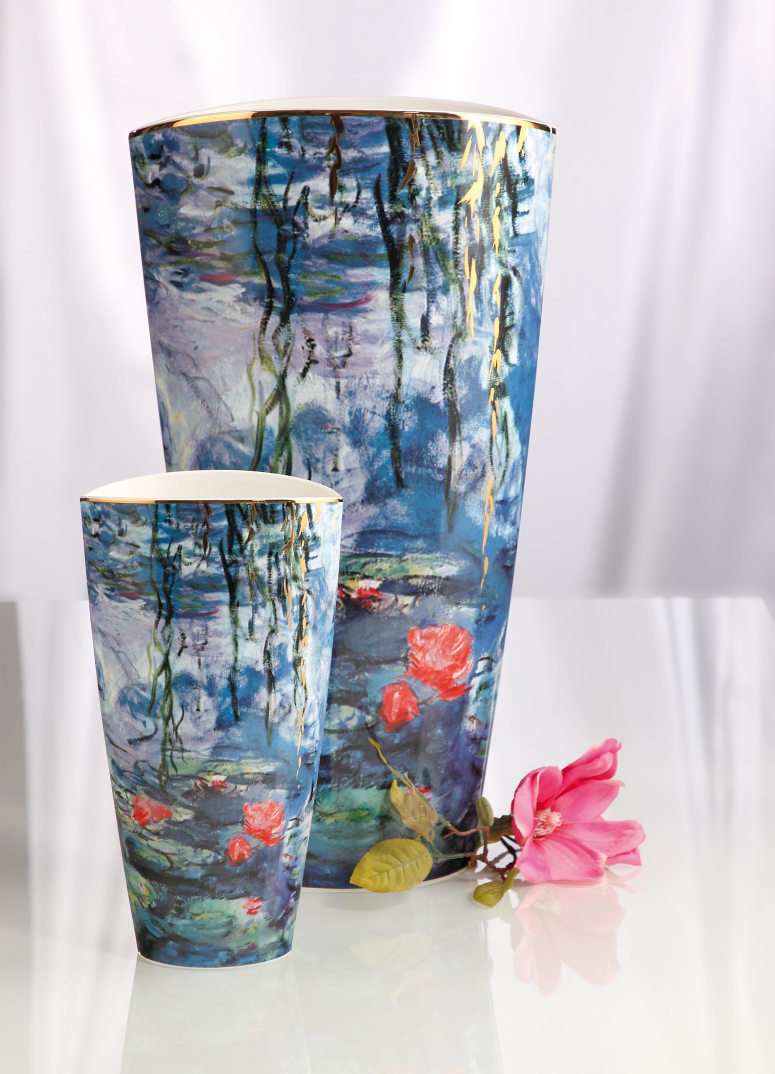 Goebel vase featuring Claude Monet water lilies and willow design, 50cm tall with intricate floral artwork.