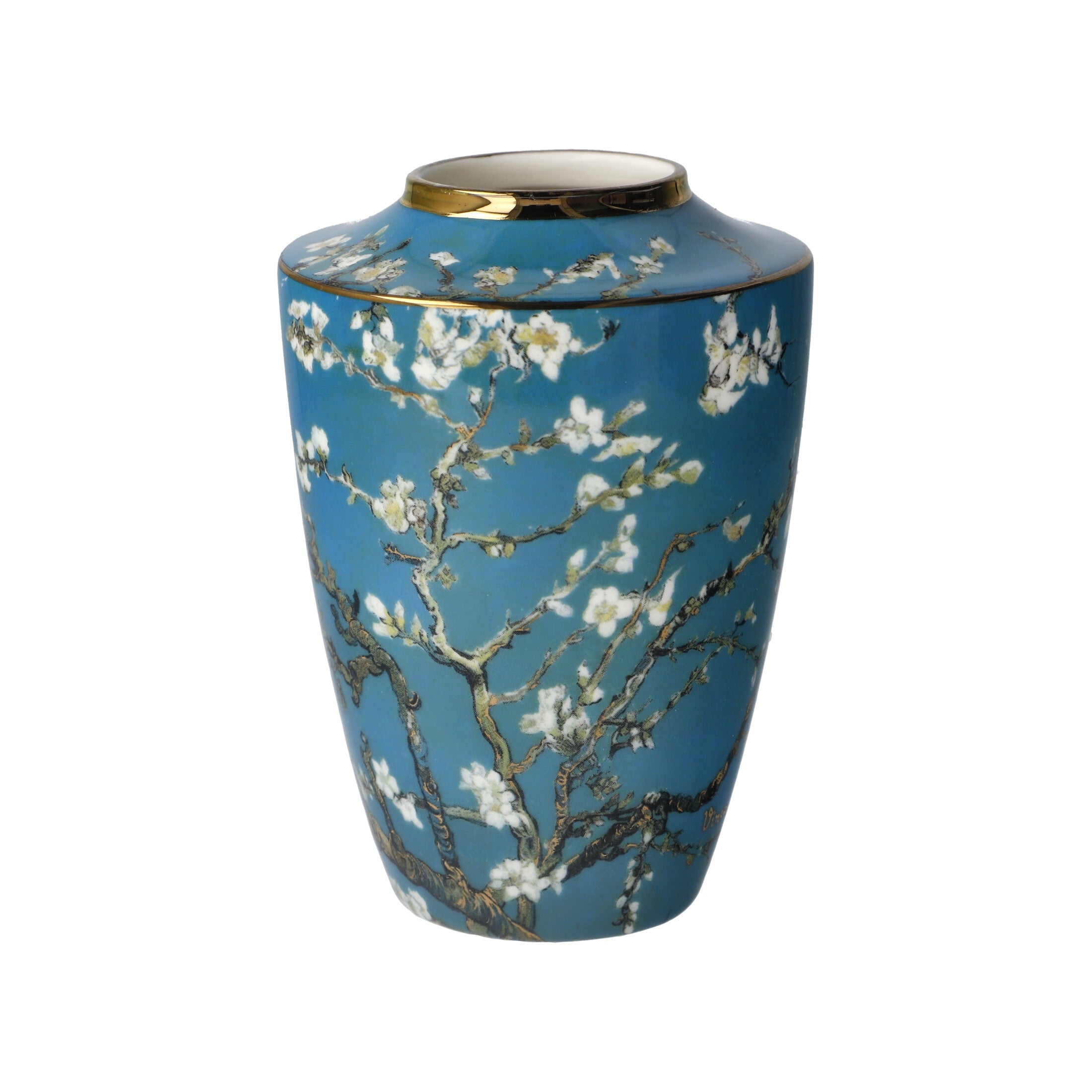 Goebel Mini Vase featuring Van Gogh Almond Tree Blue design, 12.5cm tall, with detailed floral artwork on ceramic.