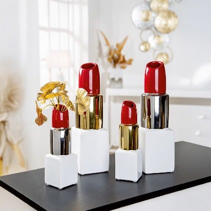 Red ceramic Gilde Milano vase with silver accents, 30cm tall, featuring a sleek, modern design.