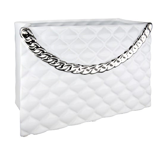 White ceramic Gilde Vase Handbag with Roman design, 20cm tall, featuring a unique handbag shape and intricate detailing.