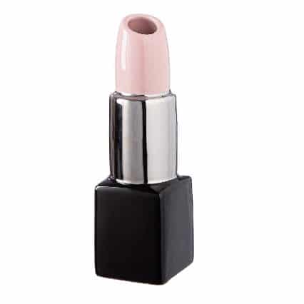 Gilde ceramic vase with lipstick design, pink and black finish, silver accents, measuring 20cm tall, decorative floral display.