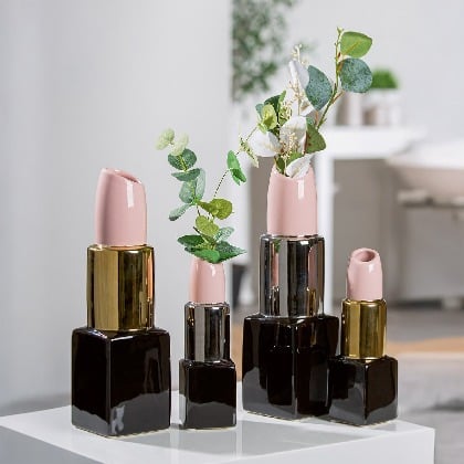 Gilde Lipstick ceramic vase in pink, black, and silver with a 20cm height, featuring a stylish modern design.