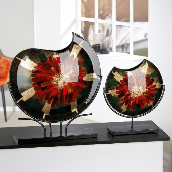 Gilde Glassart Doré round vase with floral pattern in green, red, and gold, showcasing intricate design and vibrant colors.