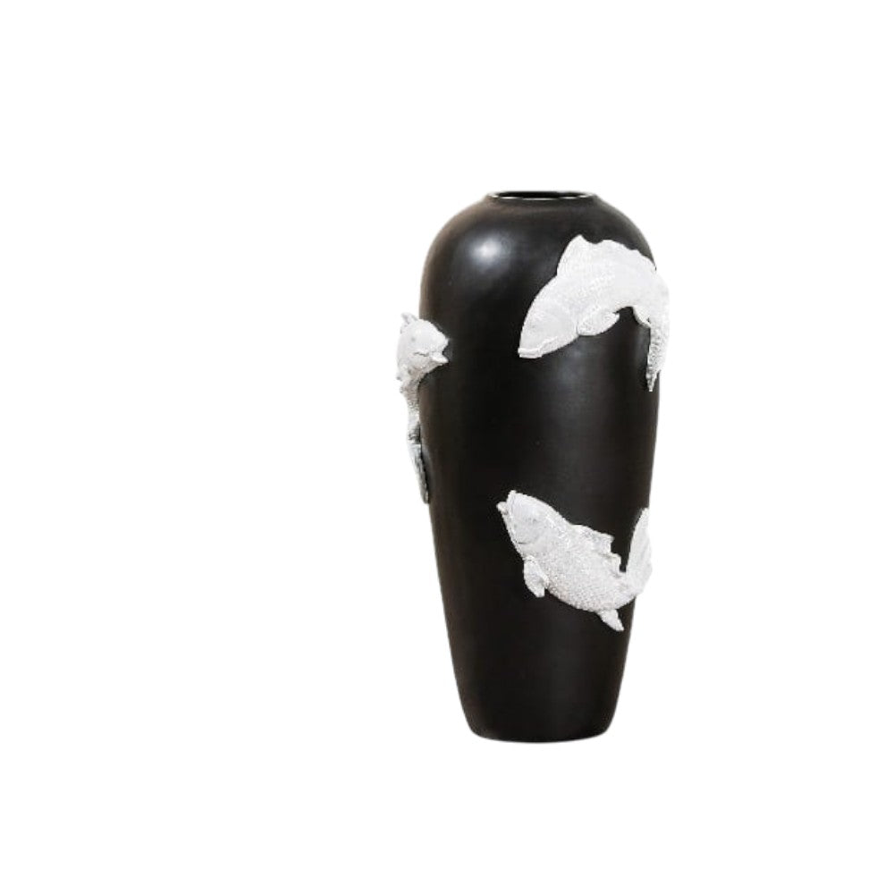 Black Gilde floor vase featuring a fish motif made of resin, standing 73cm tall with a modern, decorative design.