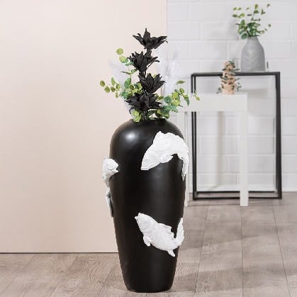Black Gilde resin floor vase with fish motif, 73cm tall, featuring intricate design and decorative appeal.