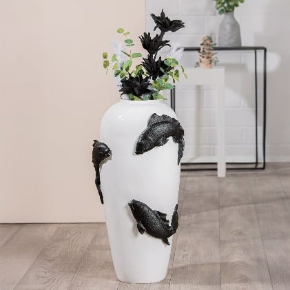 White Gilde resin floor vase with fish motif, 73cm tall, decorative home accessory with intricate design