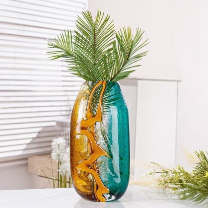 Gilde Glassart Fresco Vase in blue, brown, and clear glass, 34cm tall, showcasing its elegant, colorful design.