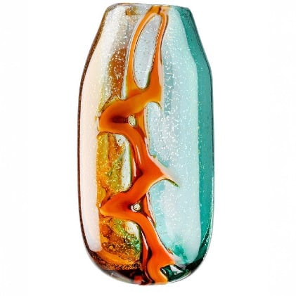 Gilde Glassart Fresco Vase in blue, brown, and clear glass, 34cm tall, featuring a modern, artistic design.
