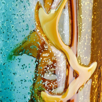 Gilde Glassart Fresco Vase in blue, brown, and clear glass, 34cm tall, with a modern, artistic design.