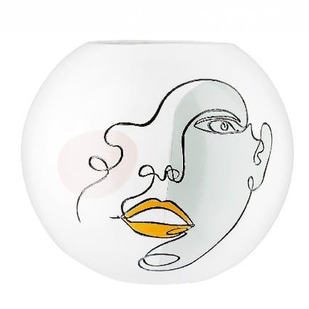 White resin Gilde Vase with ball-shaped face motif, 22cm tall, featuring a unique artistic design and smooth surface.
