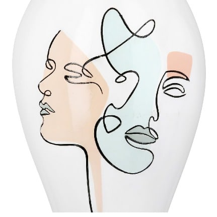 White resin Gilde vase with a bulbous face motif, 36cm tall, featuring detailed facial features and smooth finish.