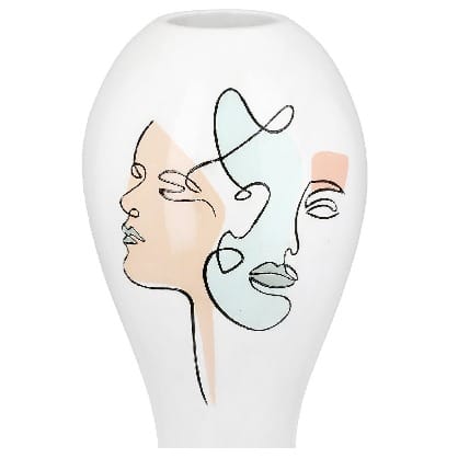 White resin Gilde vase with a bulbous face motif, 36cm tall, featuring detailed facial features and a smooth finish.