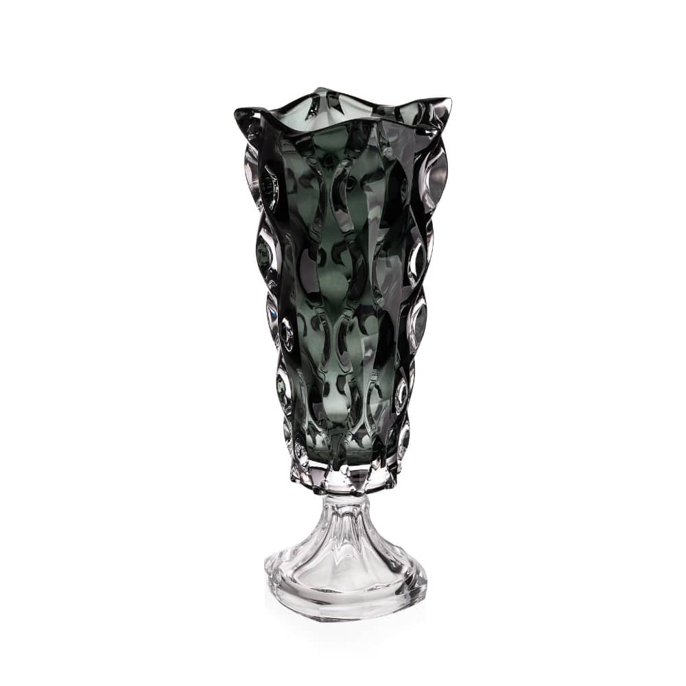 Bohemia Crystal footed vase in Samba Grey Smoke with 405mm height, showcasing elegant glass design and intricate detailing.