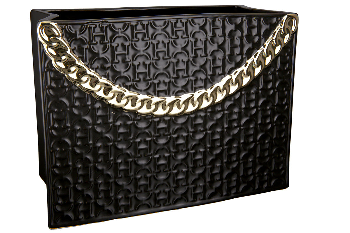 Black Gilde ceramic vase handbag with 20cm height, featuring a unique handbag shape and detailed craftsmanship.