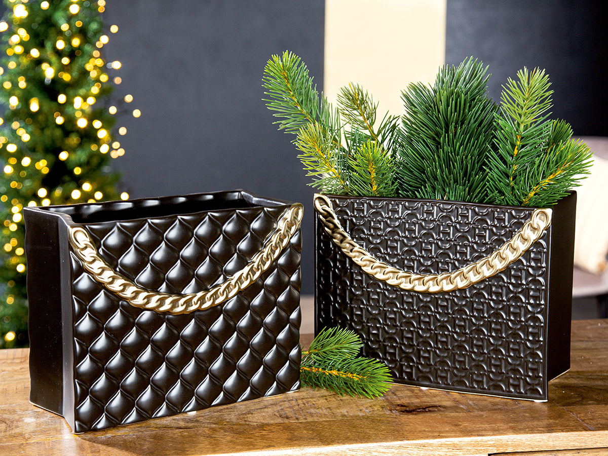 Black ceramic Gilde vase handbag with a 20cm height, featuring a unique handbag design, from the Rome collection.