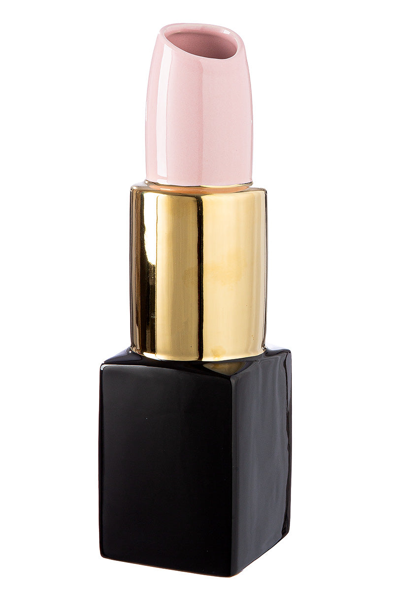 Pink ceramic Gilde Milano vase with gold accents, 30cm tall, featuring a sleek, modern design and smooth finish.