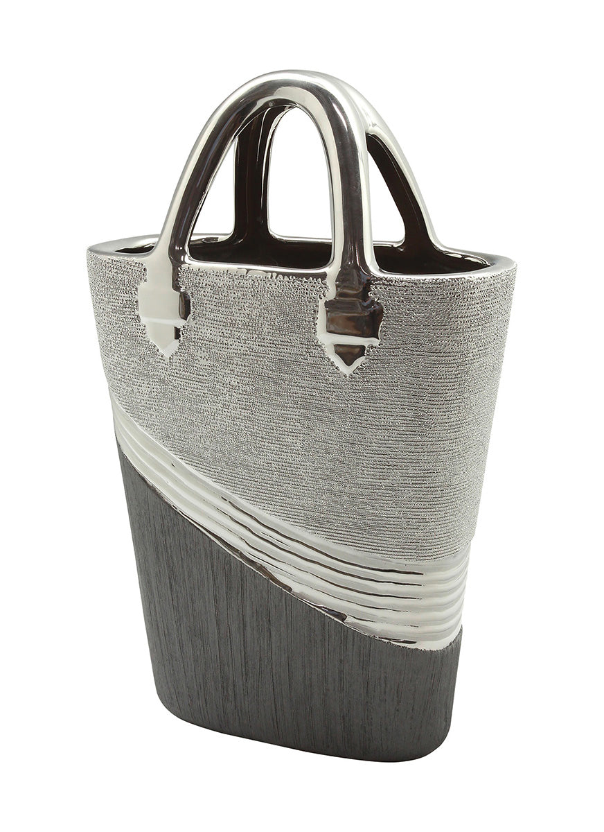 Gray Gilde Bridgetown striped handbag with a unique vase-inspired design, 31.5cm tall, featuring stylish hand-held details.
