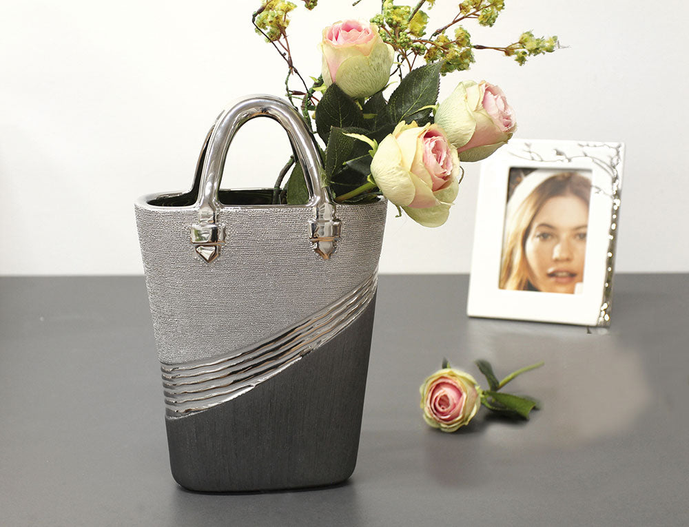 Gilde Bridgetown striped gray handbag with a vase design, 31.5cm tall, featuring a stylish, textured pattern and structured shape.