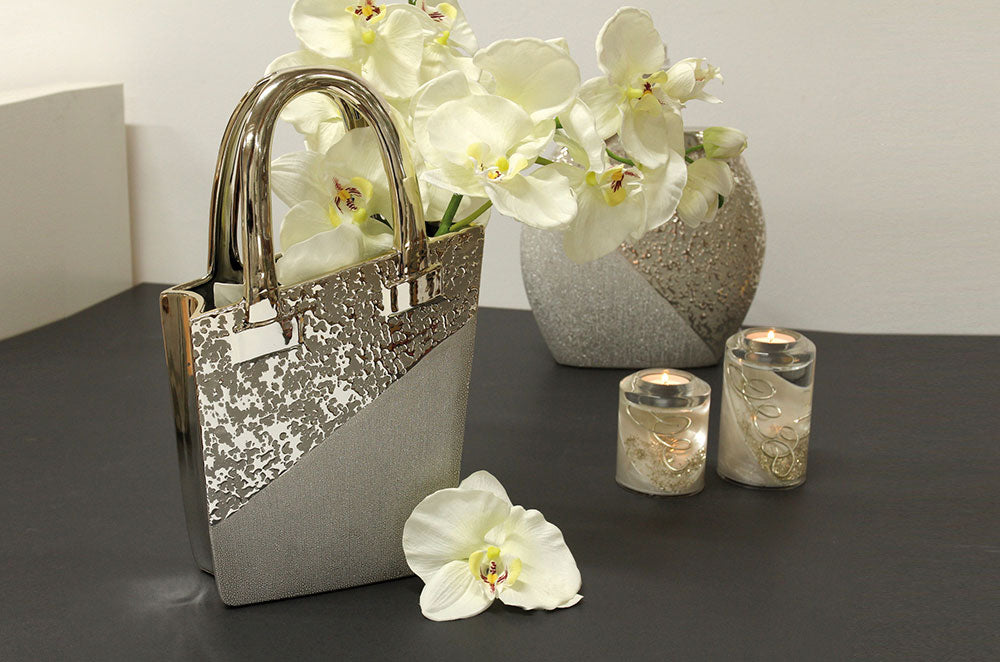 Gilde Grace Champagne hand-painted vase handbag with 35cm height, elegant design and decorative floral details.