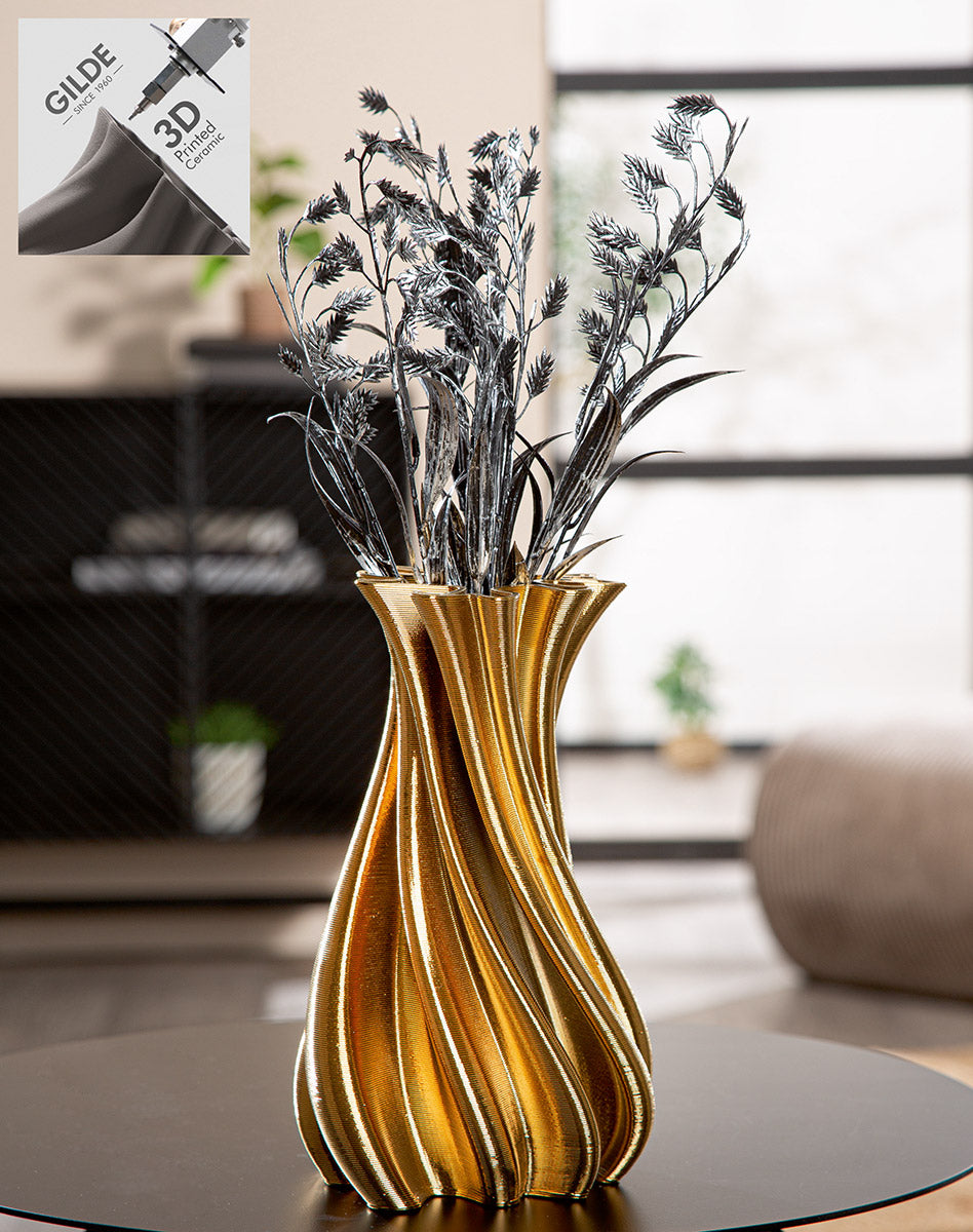 Gilde Fold Ceramics Gold Vase, 24.5cm tall, with a modern fold design and a shiny gold finish on smooth ceramic surface.