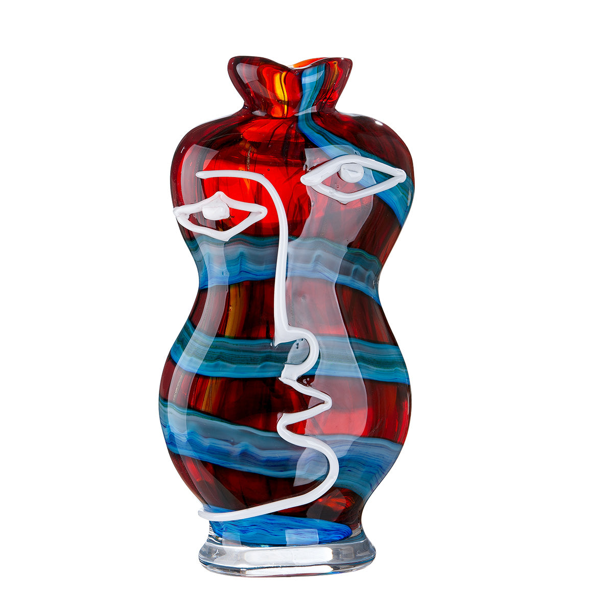 Blue and red Gilde Face Vase made of glass, 34cm tall, with artistic face design, by Glassart Franco.