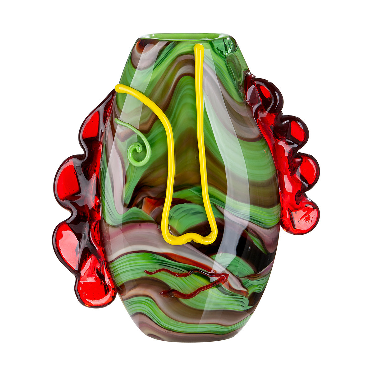Gilde Face Vase Glassart Conturo in green and red, 30cm tall with a detailed face design, made of colorful glass.