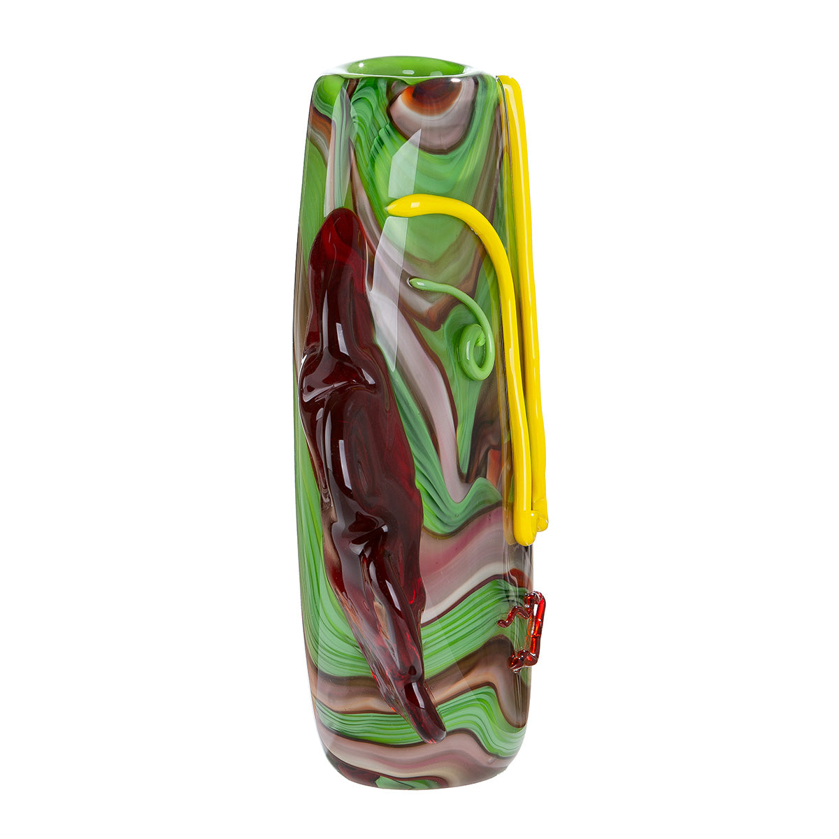Green and red Gilde Face Vase Glassart Conturo, 30cm tall, with a unique face design and vibrant glass artwork.