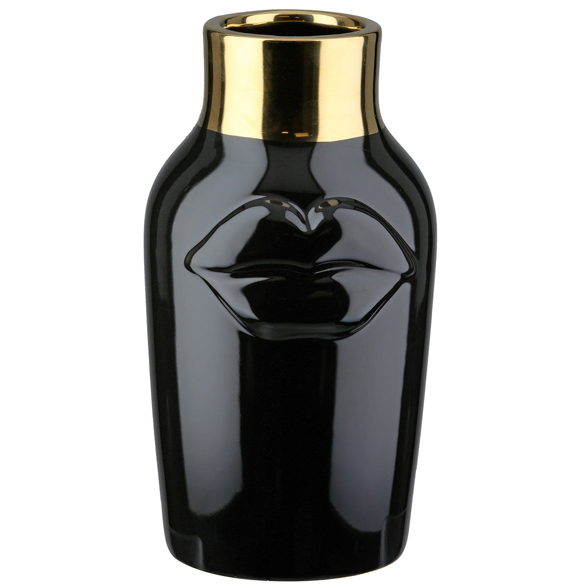 Black Gilde ceramic vase with mouth motif, 20.5cm tall, featuring intricate design and glossy finish.