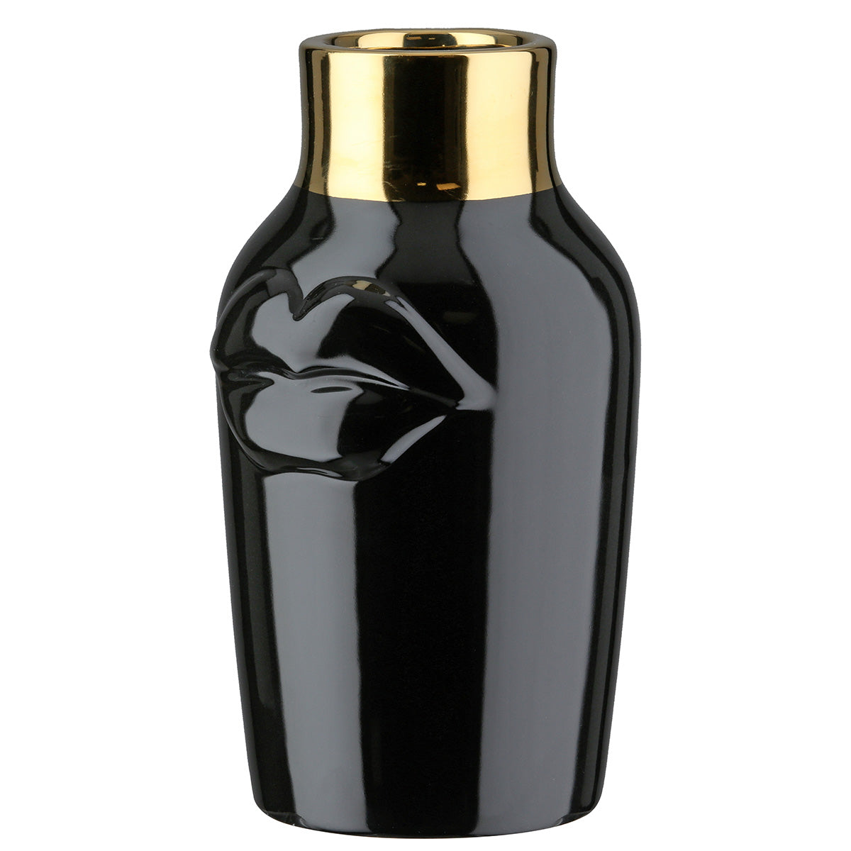 Black Gilde ceramic vase with mouth motif, 20.5cm tall, featuring intricate design and glossy finish.