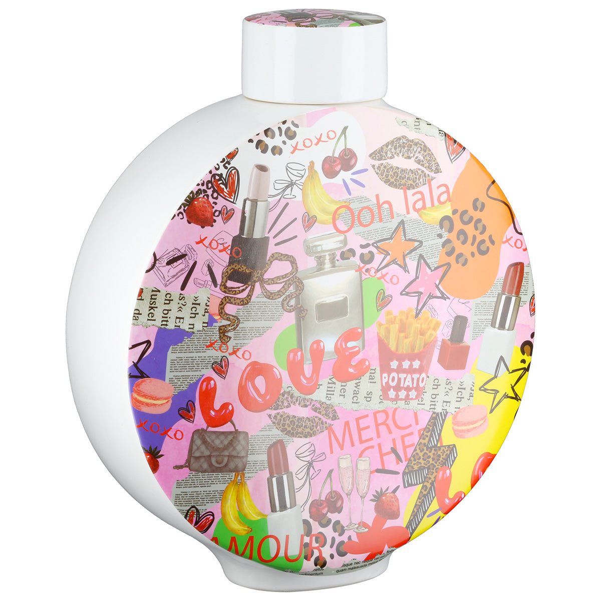 Gilde Ooh Lala Popart ceramic lidded vase with vibrant colorful design, decorative home decor piece.